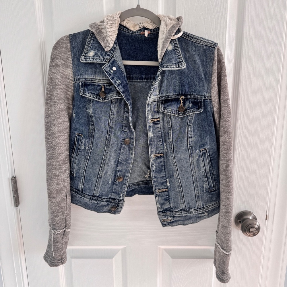 Free People Denim and Gray Hooded Jacket